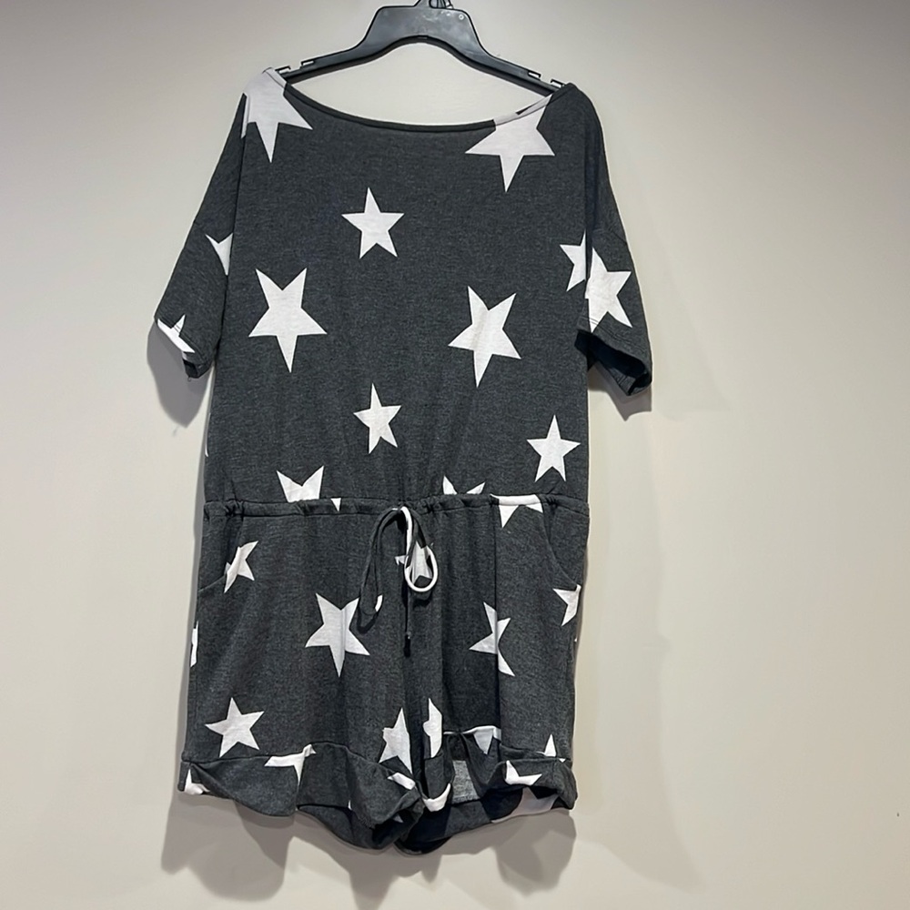 White Birch off the shoulder star romper with adjustable waist
